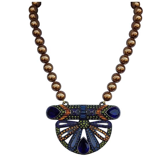 Heidi Daus RARE Gold Pearl Necklace Large Colored Rhinestone Medallion Adjustabl - Picture 7 of 16